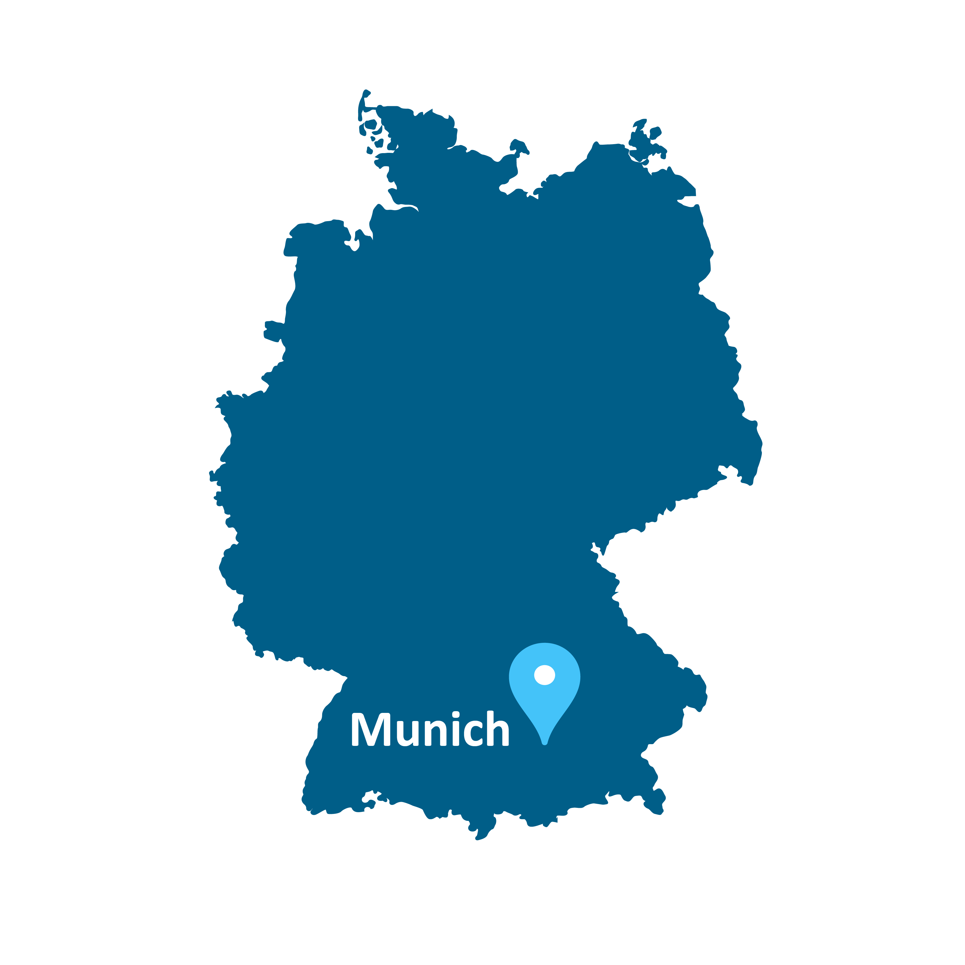 Map of Germany with marker placed on our Munich location