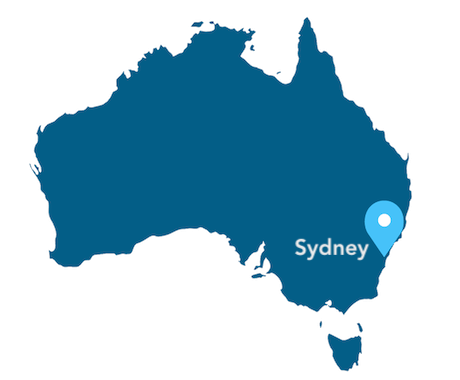 Map of Australia with marker placed on our Sydney location